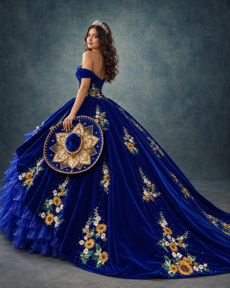 Sesión de XV años con vestido azul bordado