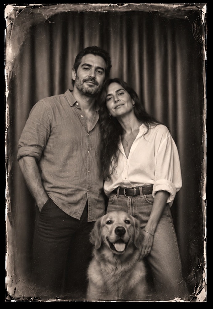 Retrato en placa de colodión de una pareja con su perro