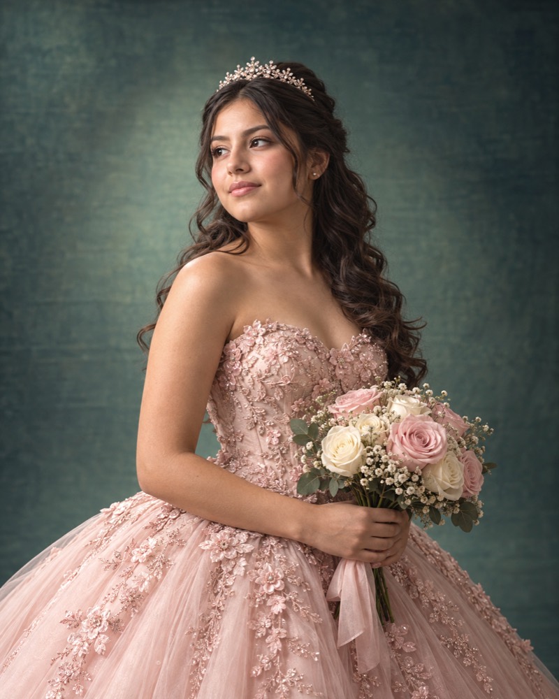 Sesión de XV años con vestido rosa y ramo