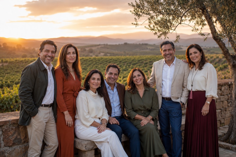 Grupo de siete personas en un fin de semana en viñedos